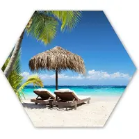 MuchoWow Hexagon wanddecoratie - Kunststof Wanddecoratie - Hexagon Schilderij - Strand - Parasol - Zee - 75x65 cm