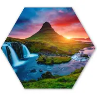 MuchoWow Hexagon wanddecoratie - Kunststof Wanddecoratie - Hexagon Schilderij - Waterval - Berg - Mos - Zonsondergang - Natuur - 120x103 cm