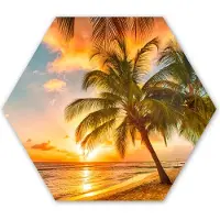 MuchoWow Hexagon wanddecoratie - Kunststof Wanddecoratie - Hexagon Schilderij - Zonsondergang - Palmboom - Wolken - Zee - Strand - 75x65 cm
