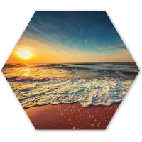 MuchoWow Hexagon wanddecoratie - Kunststof Wanddecoratie - Hexagon Schilderij - Strand - Zee - Zonsondergang - Goud - 120x103 cm