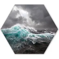 MuchoWow Hexagon wanddecoratie - Kunststof Wanddecoratie - Hexagon Schilderij - Oceaan - Storm - Golf - 75x65 cm