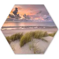MuchoWow Hexagon wanddecoratie - Kunststof Wanddecoratie - Hexagon Schilderij - Zonsondergang - Duin - Strand - Planten - Zee - 120x103 cm