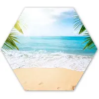 MuchoWow Hexagon wanddecoratie - Kunststof Wanddecoratie - Hexagon Schilderij - Strand - Zand - Zee - Palmboom - 75x65 cm