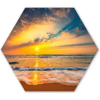 MuchoWow Hexagon wanddecoratie - Kunststof Wanddecoratie - Hexagon Schilderij - Zonsondergang - Strand - Zee - Wolken - Oranje - 75x65 cm