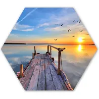 MuchoWow Hexagon wanddecoratie - Kunststof Wanddecoratie - Hexagon Schilderij - Water - Steiger - Vogels - Zonsondergang - Horizon - 75x65 cm - Kerstdecoratie in huis - Kerstmis