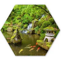 MuchoWow Hexagon wanddecoratie - Kunststof Wanddecoratie - Hexagon Schilderij - Waterval - Koi - Japanse lantaarn - Mos - Water - 120x103 cm