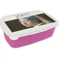 MuchoWow Broodtrommel Roze - Lunchbox - Brooddoos - Kunst - Meisje met de parel - Vermeer - 18x12x6 cm - Kinderen - Meisje