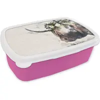 MuchoWow Broodtrommel Roze - Lunchbox - Brooddoos - Schotse hooglander - Koeien - Bloemen - 18x12x6 cm - Kinderen - Meisje