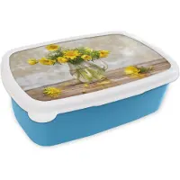 MuchoWow Broodtrommel Blauw - Lunchbox - Brooddoos - Bloemen - Geel - Stilleven - 18x12x6 cm - Kinderen - Jongen