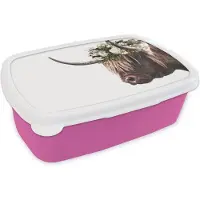 MuchoWow Broodtrommel Roze - Lunchbox - Brooddoos - Schotse hooglander - Koe - Bloemen - 18x12x6 cm - Kinderen - Meisje