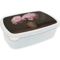 MuchoWow Broodtrommel Wit - Lunchbox - Brooddoos - Vaas - Bloemen - Roze - 18x12x6 cm - Volwassenen