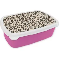 MuchoWow Broodtrommel Roze - Lunchbox Dierenprint - Panter - Roze - Wit - Brooddoos 18x12x6 cm - Brood lunch box - Broodtrommels voor kinderen en volwassenen