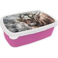 MuchoWow Broodtrommel Roze - Lunchbox - Brooddoos - Schotse hooglander - Bloemen - Mist - 18x12x6 cm - Kinderen - Meisje