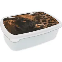 MuchoWow Broodtrommel Wit - Lunchbox - Brooddoos - Panterprint - Schotse hooglander - Design - 18x12x6 cm - Volwassenen