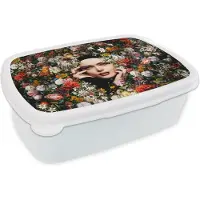 MuchoWow Broodtrommel Wit - Lunchbox - Brooddoos - Bloem - Vrouwen - Portret - Botanisch - 18x12x6 cm - Volwassenen