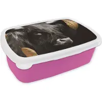 MuchoWow Broodtrommel Roze - Lunchbox - Brooddoos - Goud - Schotse Hooglander - Bladeren - 18x12x6 cm - Kinderen - Meisje