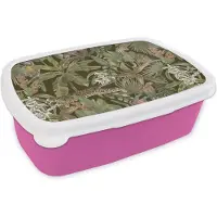MuchoWow Broodtrommel Roze - Lunchbox - Brooddoos - Jungle - Dieren - Vintage - Patroon - 18x12x6 cm - Kinderen - Meisje