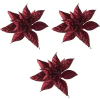 COSY&TRENDY 6x Kerstboomversiering op clip bordeaux/donkerrode glitter bloemen 8 cm- kerstboom decoratie - Donkerrode kerstversieringen