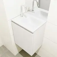 Mondiaz olan 40 cm toiletmeubel linen. Lex wastafel talc rechts 1 kraangat