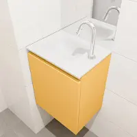 Mondiaz Olan 40cm toiletmeubel ocher met wastafel talc links 1 kraangat