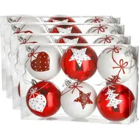 Cepewa 24x stuks gedecoreerde kerstballen rood en wit kunststof diameter 6 cm - Kerstboom versiering