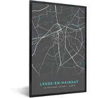 PosterMonkey Fotolijst incl. Poster - België – Leuze en Hainhaut – Stadskaart – Kaart – Blauw – Plattegrond - 80x120 cm - Posterlijst
