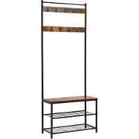 Vasagle garderobe, kapstok met schoenendragers, industrieel ontwerp, schoenendrager met zitje voor de hal, met haken, 3 schappen, gemaakt van hout en metaal, vintage, donkerbruine