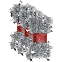 Cepewa 3x stuks lametta kerstslingers met sterretjes zilver 200 x 6,5 cm - kerstslingers/kerst guirlandes