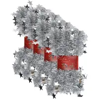 Cepewa 4x stuks lametta kerstslingers met sterretjes zilver 200 x 6,5 cm - kerstslingers/kerst guirlandes