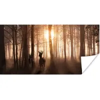 PosterMonkey Poster Bos - Hert - Zon - Bomen - Winter - Natuur - Dieren - 120x60 cm