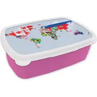 MuchoWow Broodtrommel Roze - Lunchbox - Brooddoos - Wereld - Kaart - Vlag - Landen - 18x12x6 cm - Kinderen - Meisje