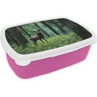 MuchoWow Broodtrommel Roze - Lunchbox - Brooddoos - Hert - Bos - Bomen - Dieren - Natuur - 18x12x6 cm - Kinderen - Meisje