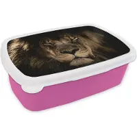 MuchoWow Broodtrommel Roze - Lunchbox - Brooddoos - Leeuw - Dieren - Zwart - Portret - 18x12x6 cm - Kinderen - Meisje