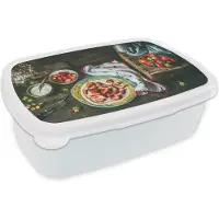 MuchoWow Broodtrommel Wit - Lunchbox - Brooddoos - Aardbei - Rustiek - Fruit - Rustiek Bloemen - 18x12x6 cm - Volwassenen