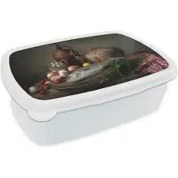 MuchoWow Broodtrommel Wit - Lunchbox - Brooddoos - Rustiek - Vis - Stilleven - Groente - Kruiden - 18x12x6 cm - Volwassenen