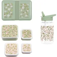 A Little Lovely Company Back to school set - Drinkfles/4 Snackdozen/Lunchbox - Bloesems saliegroen