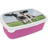 MuchoWow Broodtrommel Roze - Lunchbox - Brooddoos - Koe - Weiland - Natuur - Dieren - Gras - 18x12x6 cm - Kinderen - Meisje