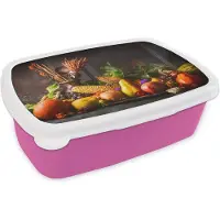 MuchoWow Broodtrommel Roze - Lunchbox - Brooddoos - Groente - Fruit - Rustiek - Tafel - 18x12x6 cm - Kinderen - Meisje