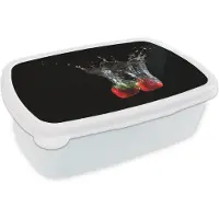 MuchoWow Broodtrommel Wit - Lunchbox - Brooddoos - Aardbeien - Fruit - Water - Zwart - Rood - 18x12x6 cm - Volwassenen