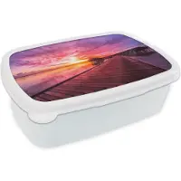 MuchoWow Broodtrommel Wit - Lunchbox - Brooddoos - Steiger - Water - Zon - Roze - Horizon - 18x12x6 cm - Volwassenen
