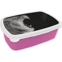 MuchoWow Broodtrommel Roze - Lunchbox - Brooddoos - Dieren - Leeuw - Zwart - Wit - Portret - 18x12x6 cm - Kinderen - Meisje