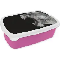 MuchoWow Broodtrommel Roze - Lunchbox - Brooddoos - Dieren - Leeuw - Zwart - Wit - Portret - 18x12x6 cm - Kinderen - Meisje