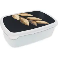 MuchoWow Broodtrommel Wit - Lunchbox - Brooddoos - Bladeren - Zwart - Goud - Luxe - Planten - 18x12x6 cm - Volwassenen