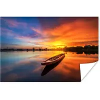 PosterMonkey Poster Boot - Water - Zonsondergang - Oranje - Water - 30x20 cm - Kerstversiering - Kerstdecoratie voor binnen - Kerstmis