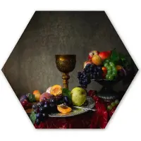 MuchoWow Hexagon wanddecoratie - Kunststof Wanddecoratie - Hexagon Schilderij - Rustiek - Tafel - Fruit - Stilleven - Beker - 120x103 cm - Kerstdecoratie in huis - Kerstmis