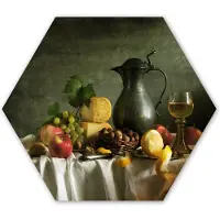 MuchoWow Hexagon wanddecoratie - Kunststof Wanddecoratie - Hexagon Schilderij - Rustiek - Kaas - Theekan - Fruit - Stilleven - 75x65 cm - Kerstdecoratie in huis - Kerstmis