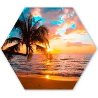 MuchoWow Hexagon wanddecoratie - Kunststof Wanddecoratie - Hexagon Schilderij - Palm - Zonsondergang - Horizon - Strand - Zee - Tropisch - 75x65 cm - Kerstdecoratie in huis - Kerstmis