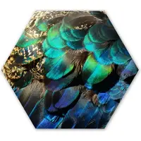 MuchoWow Hexagon wanddecoratie - Kunststof Wanddecoratie - Hexagon Schilderij - Veren - Pauwveren - Pauw - Blauw - Kunst - 120x103 cm - Kerstdecoratie in huis - Kerstmis