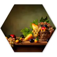 MuchoWow Hexagon wanddecoratie - Kunststof Wanddecoratie - Hexagon Schilderij - Rustiek - Mand - Fruit - Stilleven - 120x103 cm - Kerstdecoratie in huis - Kerstmis