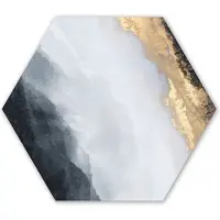 MuchoWow Hexagon wanddecoratie - Kunststof Wanddecoratie - Hexagon Schilderij - Abstract - Verf - Goud - Zwart - Marmer - 37x32 cm